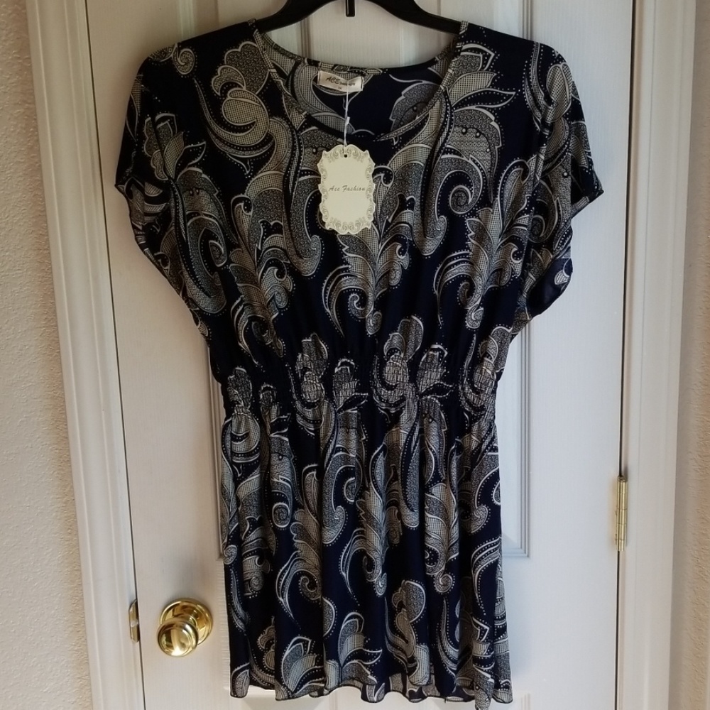 #NWT ACE FASHION NAVY BLUE & SILVER PRINT BLOUSE